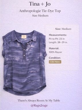 Tina Jo Anthropologie Tie Dye Top Medium Blue Rayon Blouse